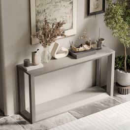 Loheer - Console Table, 60 Inch Solid Wood Veneer Sofa Table with Shelf, Distressed Grey Entryway Behind Couch Table - Gray