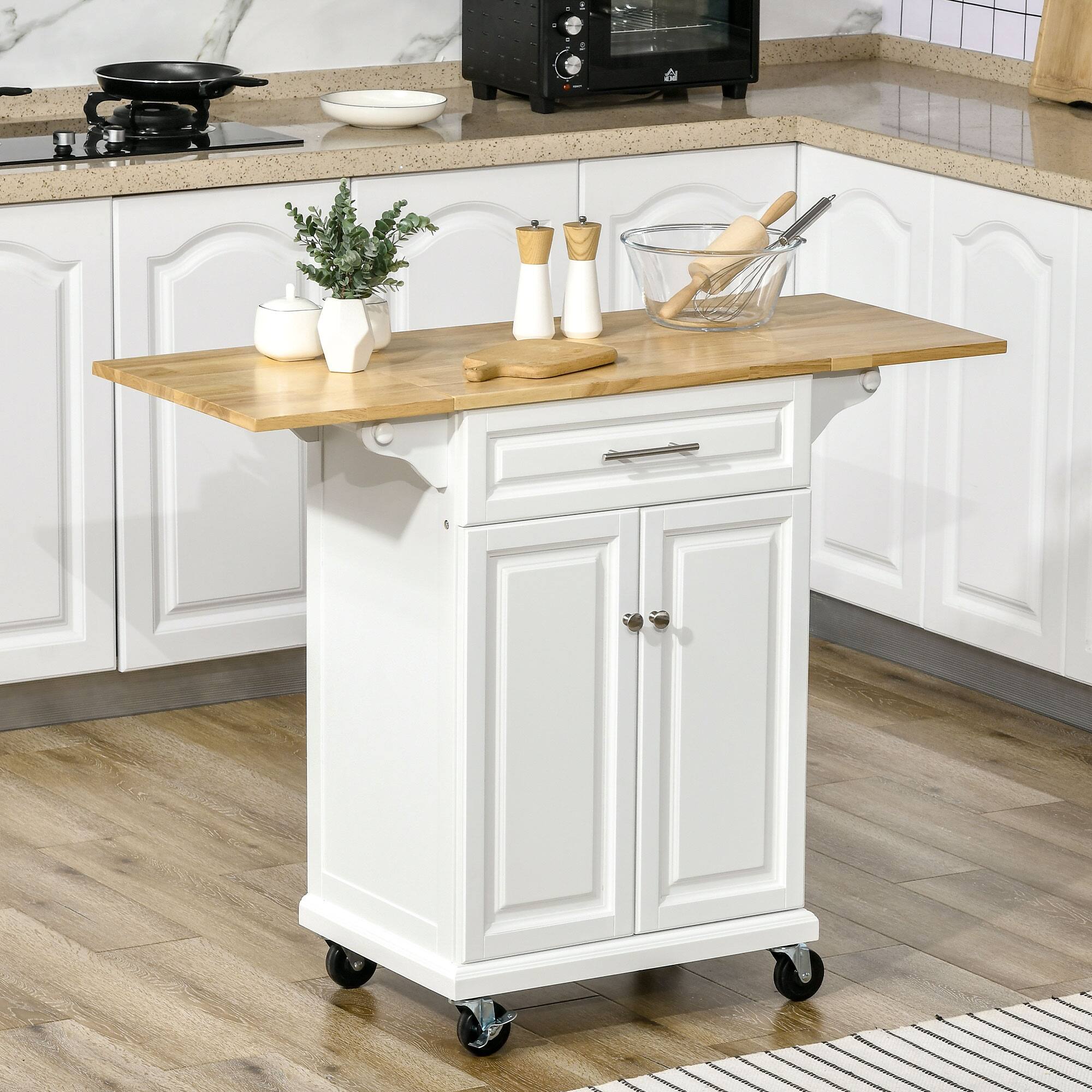 Alt View 1. Homcom - Kitchen Island with Drop Leaf Trolley Cart on Wheels Drawer Cabinet Towel Racks Versatile Use Natural Wood Top - white.
