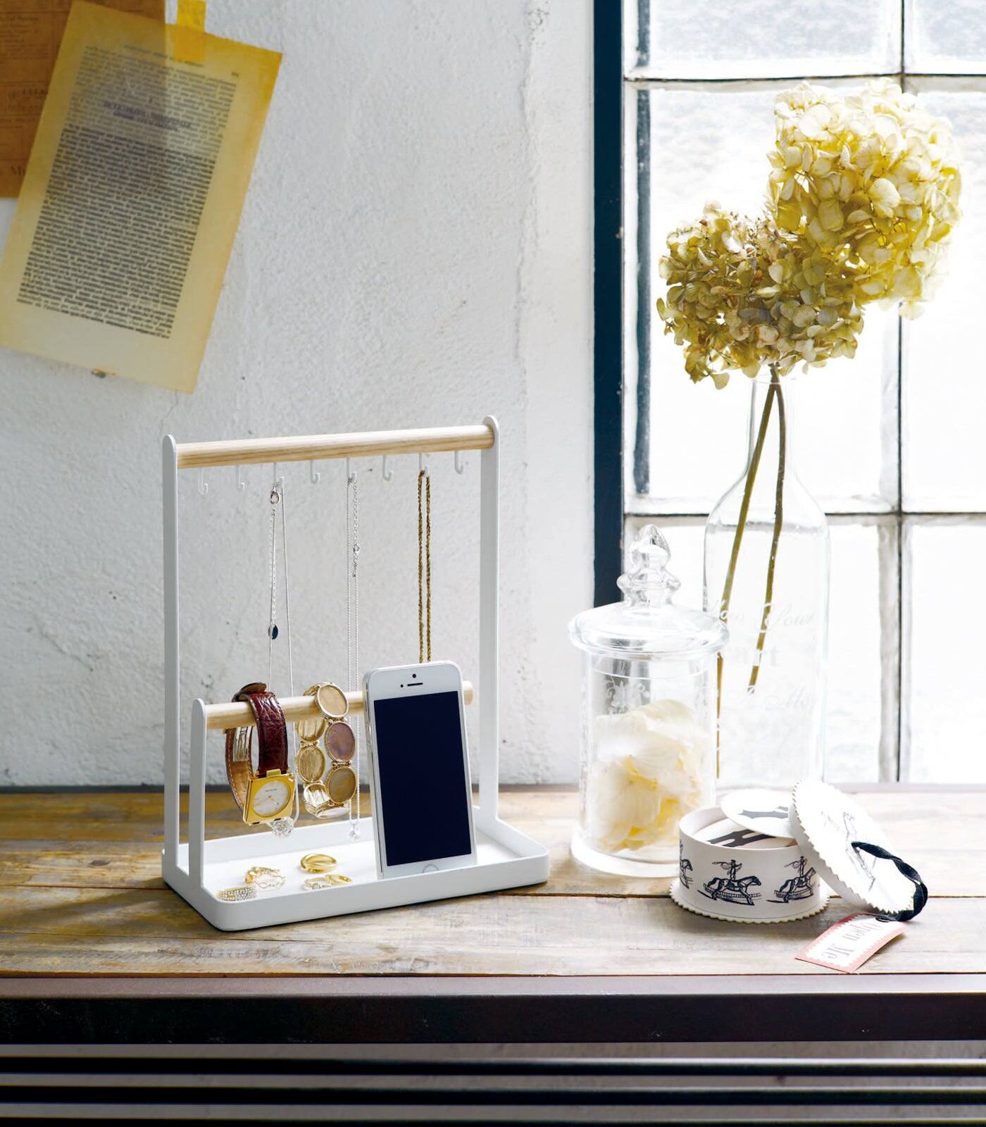 Angle. Yamazaki Home - Jewelry + Accessory Display - Steel + Wood - White.