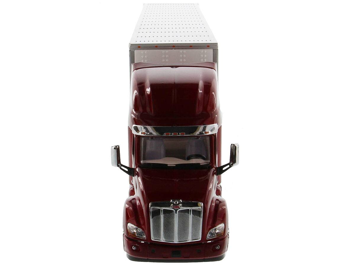 Left. Diecast Masters - Peterbilt 579 UltraLoft Truck Tractor Red with "CAT Caterpillar" Mural Dry Van Trailer "Transport Series" 1/50 Diecast - Red.