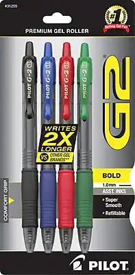 #31255
PREMIUM GEL ROLLER
#1 Selling Gel Pen
PILOT G-2
WRITES 2X LONGER VS OTHER GEL BRANDS
BOLD 1.0mm
ASS'T INKS
Super Smooth
Refillable
COMFORT GRIP
PILOT