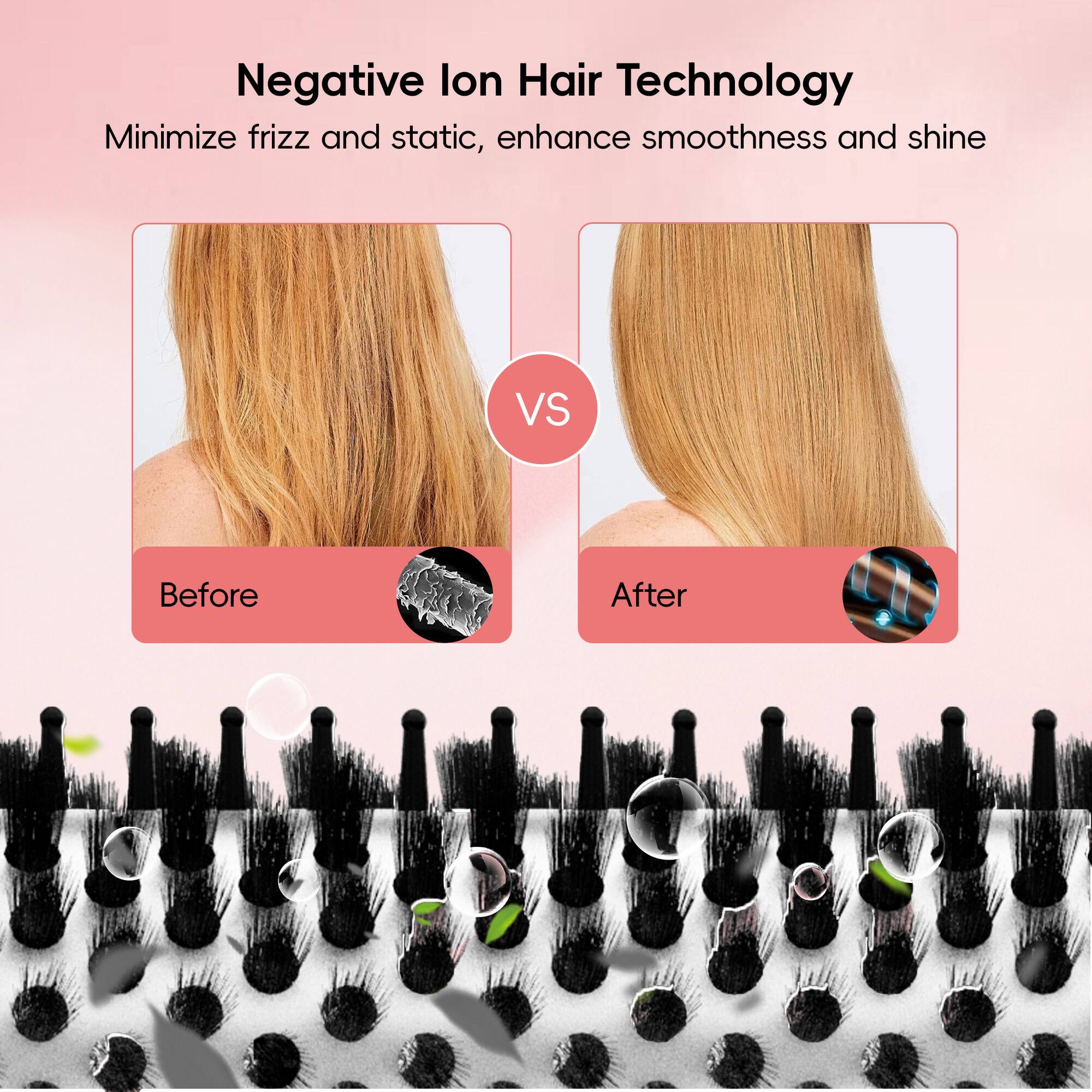 Negative Ion Hair Technology  
Minimize frizz and static, enhance smoothness and shine  

Before  
VS  
After