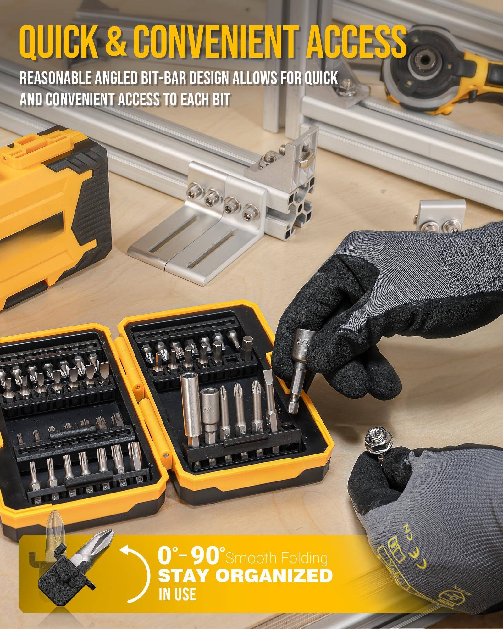 QUICK & CONVENIENT ACCESS  
REASONABLE ANGLED BIT-BAR DESIGN ALLOWS FOR QUICK AND CONVENIENT ACCESS TO EACH BIT  

0° - 90° Smooth Folding  
STAY ORGANIZED IN USE
