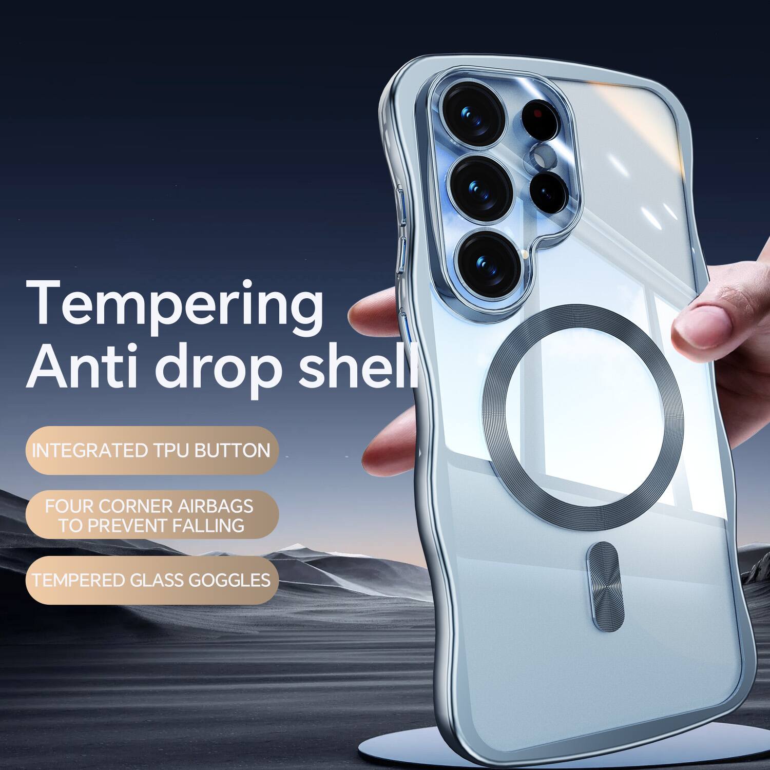 Tempering Anti drop shell  
INTEGRATED TPU BUTTON  
FOUR CORNER AIRBAGS TO PREVENT FALLING  
TEMPERED GLASS GOGGLES