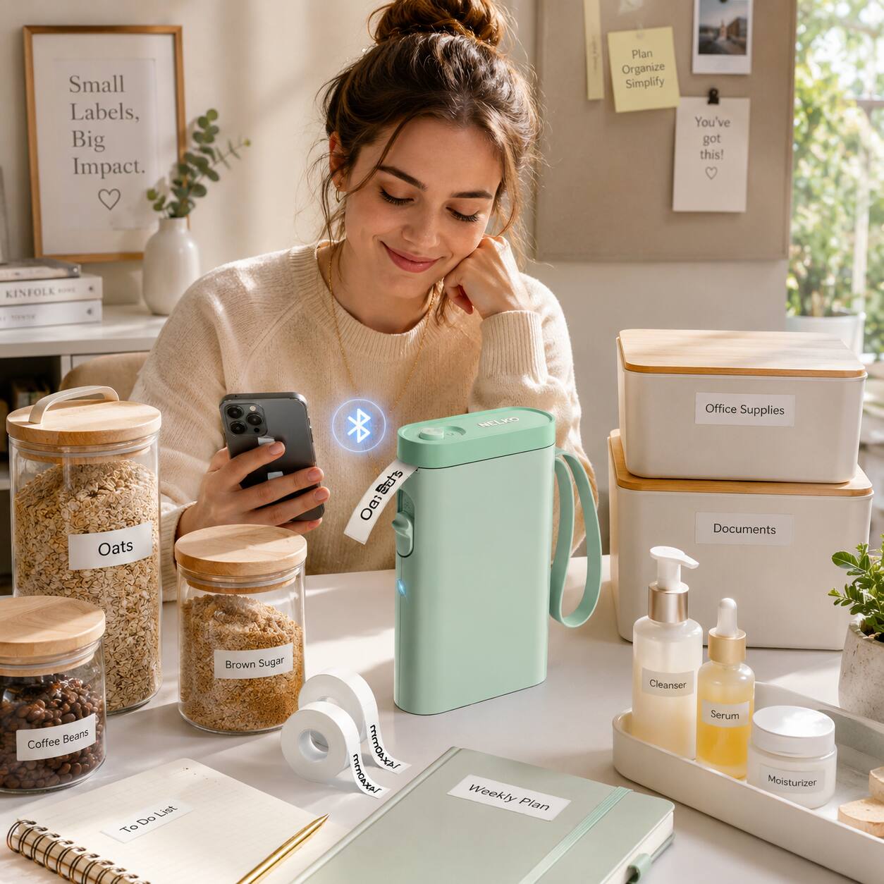 Small Labels, Big Impact.  
Plan Organize Simplify  
You've got this!  

KINFOLK MELPO  
Office Supplies  
Oats  
Brown Sugar  
Coffee Beans  
To Do List  
Documents  
Weekly Plan  
Cleanser  
Serum  
Moisturizer