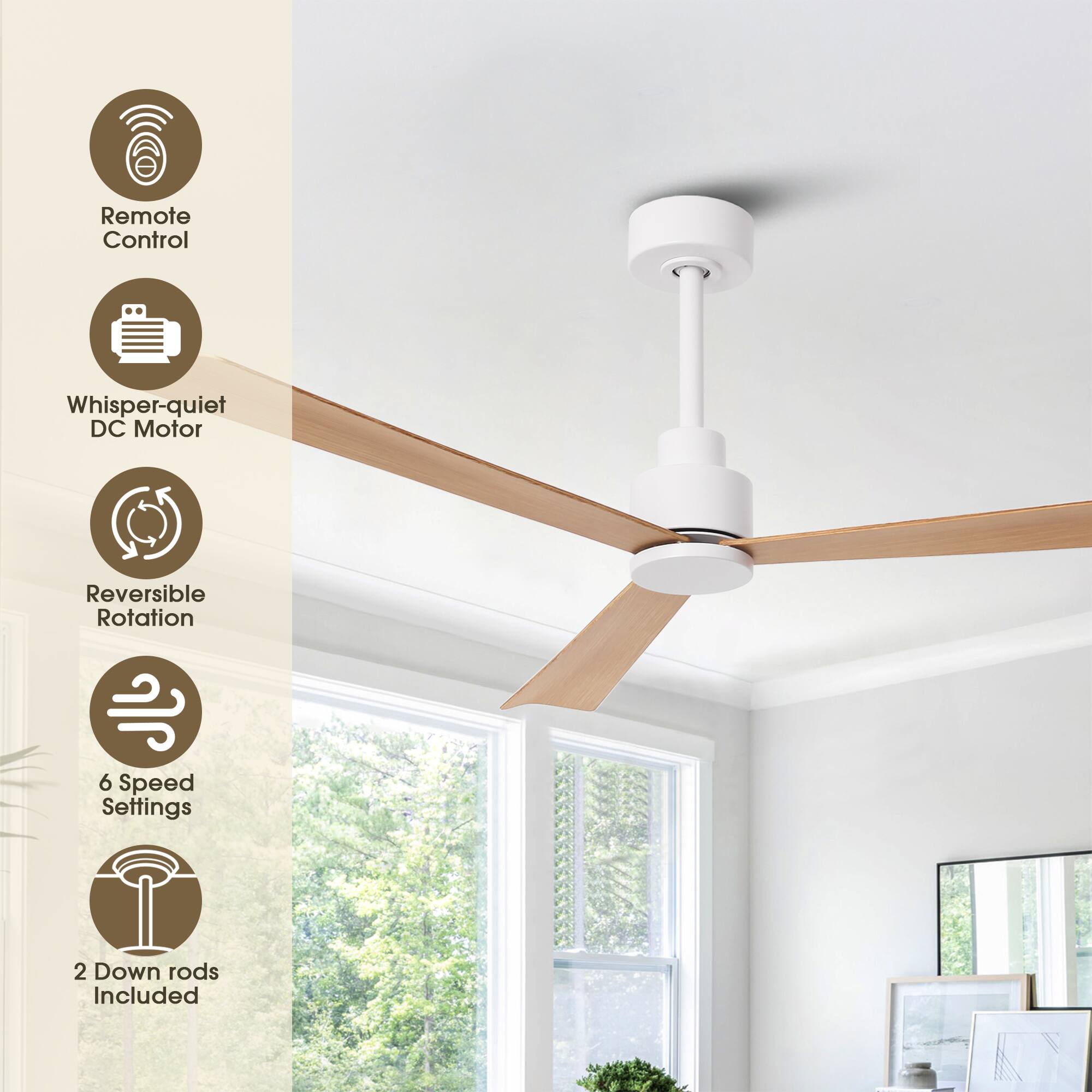 Remote Control  
Whisper-quiet DC Motor  
Reversible Rotation  
6 Speed Settings  
2 Down rods Included