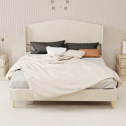 Front. LUCKY ONE - Queen Size Velvet Bed Frame - Beige.