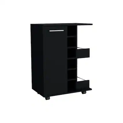 Front. TuHome - Bar Cart, Two External Shelves, Four Casters, Six Built-In Wine Rack, Single Door Cabinet, Bar Room or Living Room - Black.