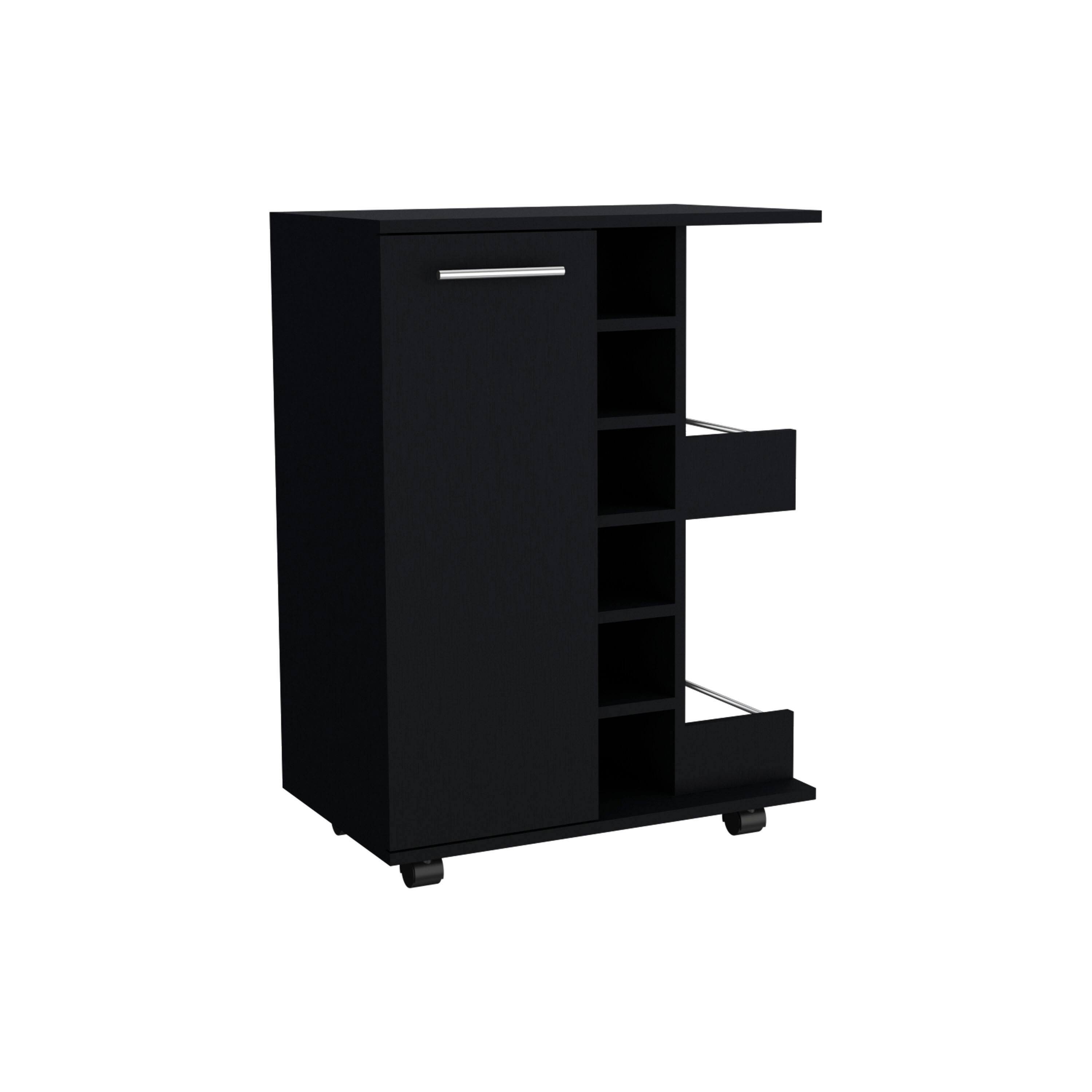 Front. TuHome - Bar Cart, Two External Shelves, Four Casters, Six Built-In Wine Rack, Single Door Cabinet, Bar Room or Living Room - Black.