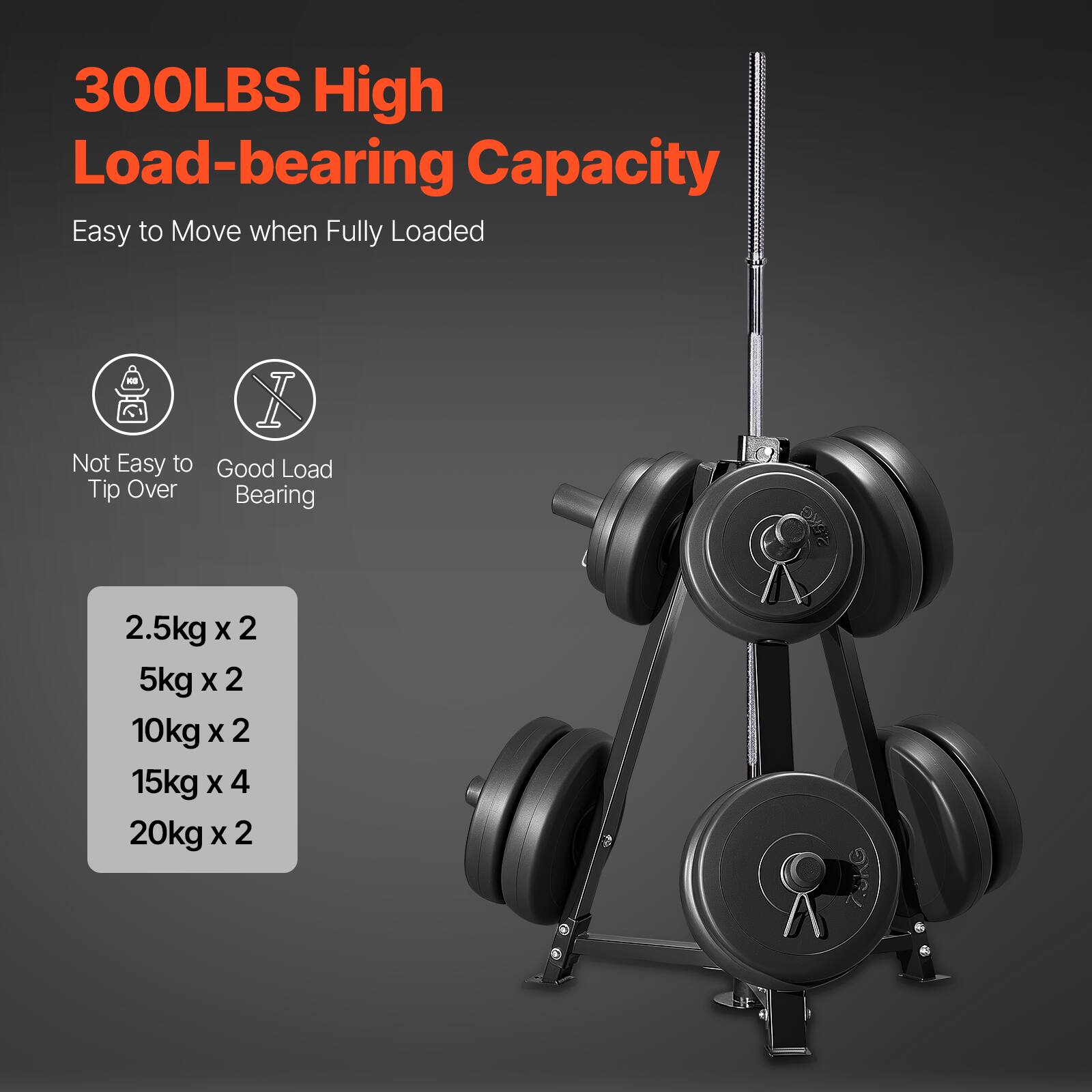 300LBS High Load-bearing Capacity

Easy to Move when Fully Loaded

Not Easy to Tip Over

Good Load Bearing

2.5kg x 2  
5kg x 2  
10kg x 2  
15kg x 4  
20kg x 2