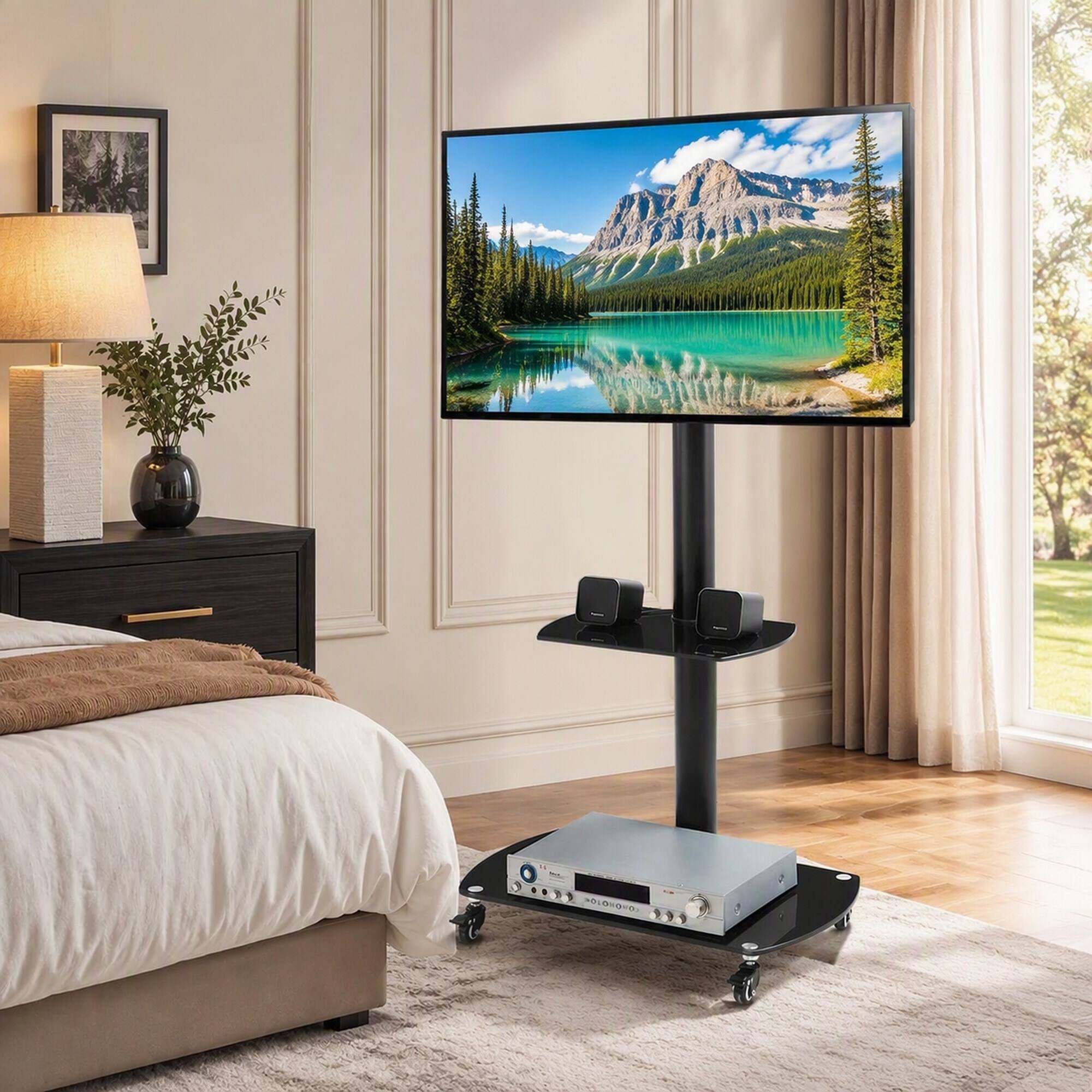 Angle. RYHNUYNE - Multi-Function Adjustable TV Stand, Tempered Glass Metal Frame Cart With 2-Tier Shelves - Black.