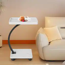 GARVEE - C Table with Wheels, C Shaped End Table for Couch, TV Tray Table, Metal Frame Couch Tables That Slide Under, White