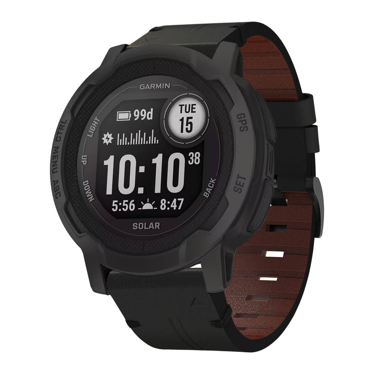 GARMIN  
TUE 15  
99d  
10:10  
5:56 - 8:47  
SOLAR  
GPS  
LIGHT  
CTRL  
MENU  
UP  
DOWN  
ABC  
SET