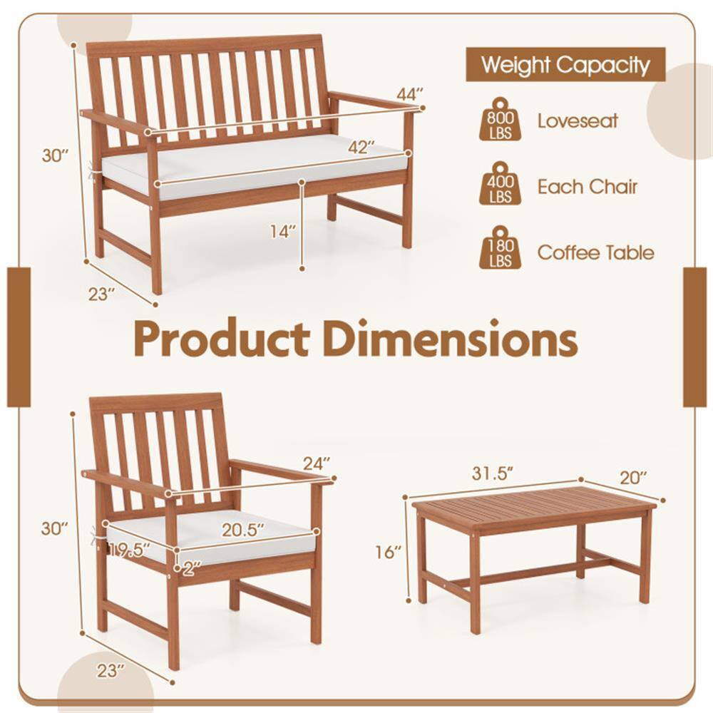 30" 42" 44"  
Weight Capacity:  
- Loveseat: 800 LBS  
- Each Chair: 400 LBS  
- Coffee Table: 180 LBS  

Product Dimensions:  
- Loveseat: 30" x 42" x 23"  
- Chair: 30" x 24" x 23"  
- Coffee Table: 31.5" x 20" x 16"