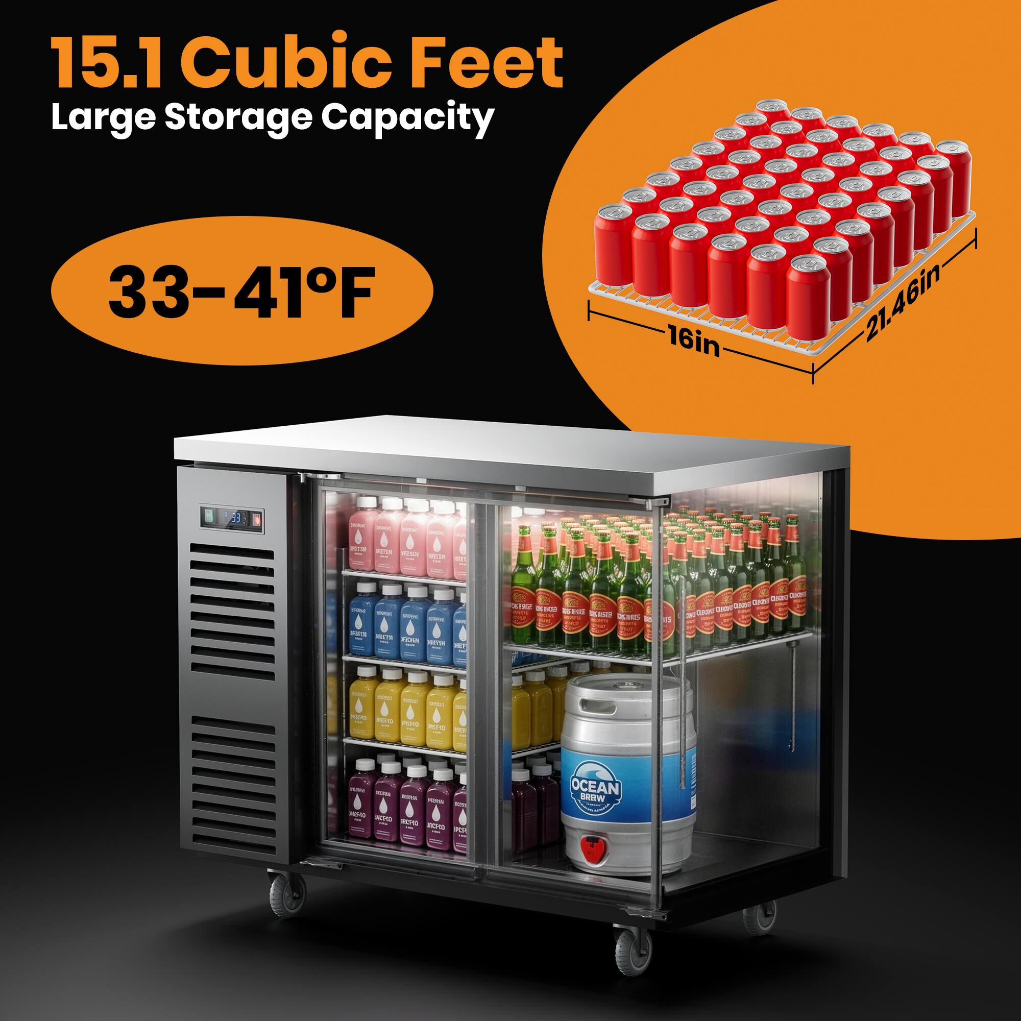 15.1 Cubic Feet Large Storage Capacity  
33-41°F  
16in x 21.46in