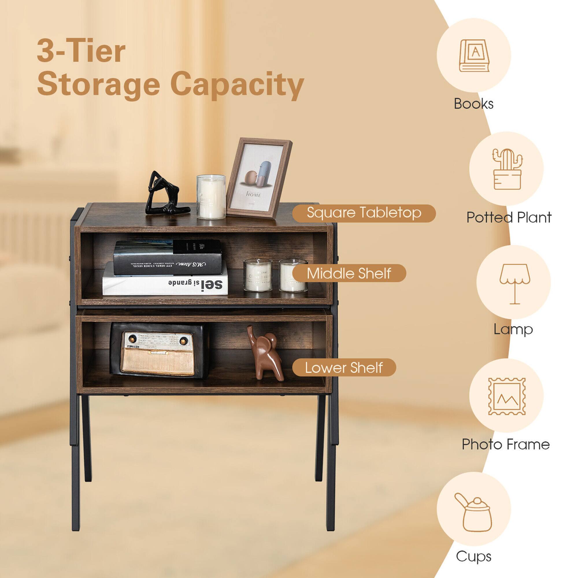 3-Tier Storage Capacity

- Square Tabletop
- Middle Shelf
- Lower Shelf

Books
Potted Plant
Lamp
Photo Frame
Cups