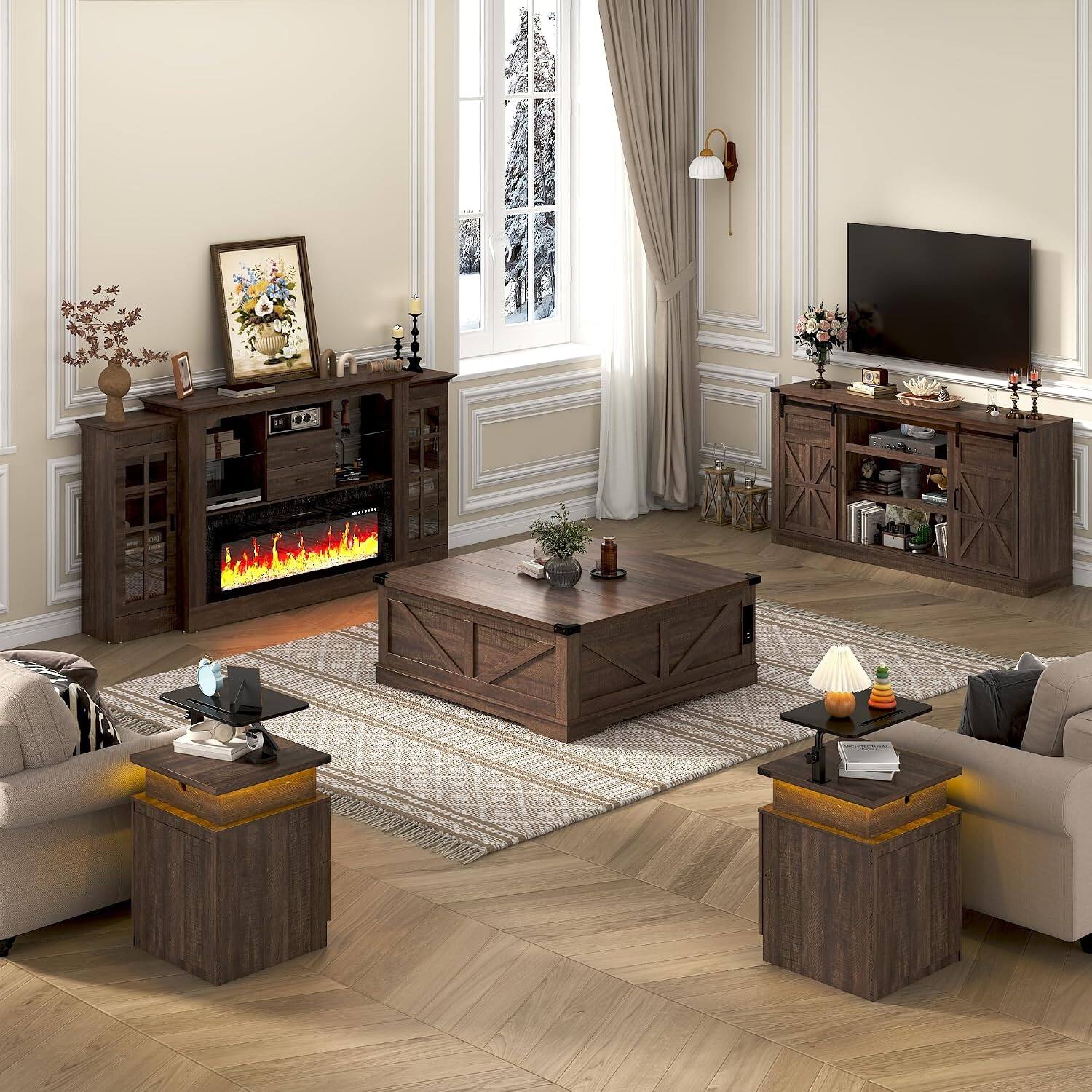 Left. Espafurni - 66" Farmhouse TV Stand for 75" TV, Entertainment Center with Power Outlet, Sliding Barn Doors & Storage - Brown.