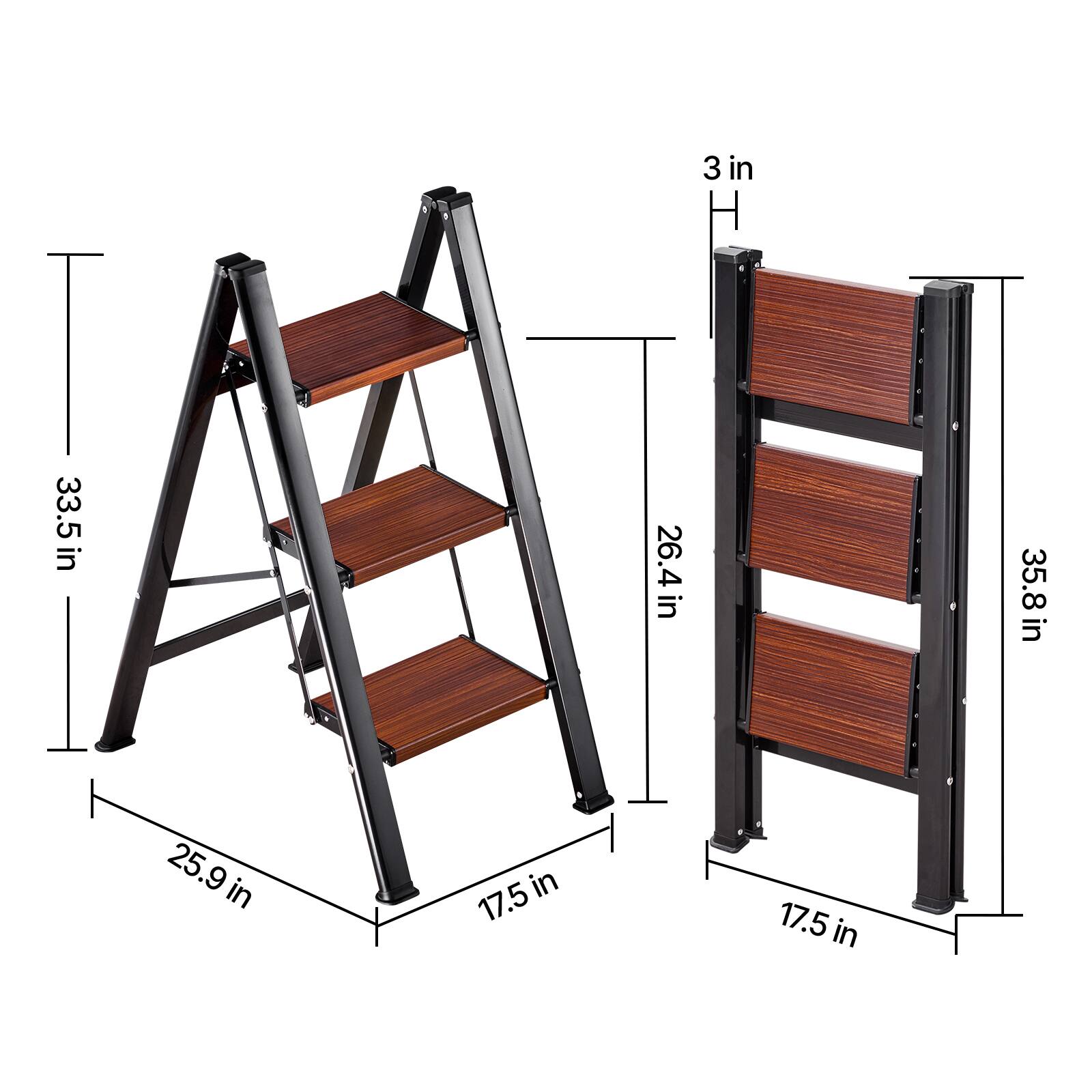 - Height: 33.5 in
- Width: 26.4 in
- Depth: 25.9 in
- Shelf Height: 3 in
- Shelf Width: 17.5 in
- Total Height (with shelves): 35.8 in