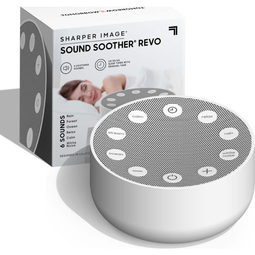 The text on the image is grouped and corrected as follows:
Sharper Image Soother Revo Sound Sleep Timer 15/30/60 Minutes with 4 Soothing Gradual Fade Sounds: Rain Forest, Ocean, Calm, Relax, White Noise Designed in California.
