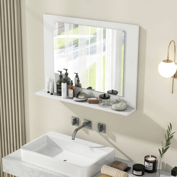 Angle. Hivvago - Rectangular Bathroom Wall Mirror with Storage Shelf and White Wood Frame - White Wood Frame.