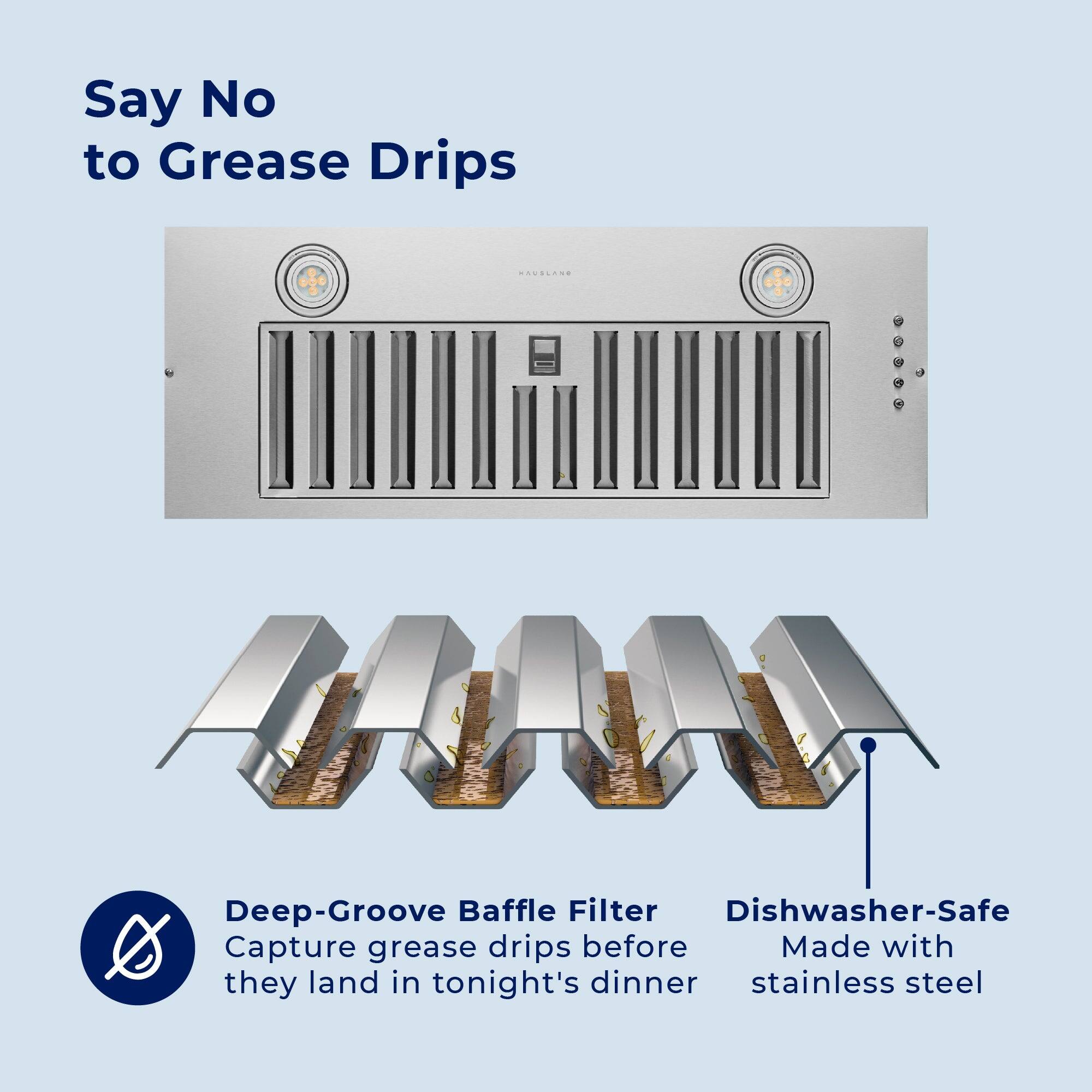 Say No to Grease Drips

Deep-Groove Baffle Filter
Capture grease drips before they land in tonight's dinner

Dishwasher-Safe
Made with stainless steel
