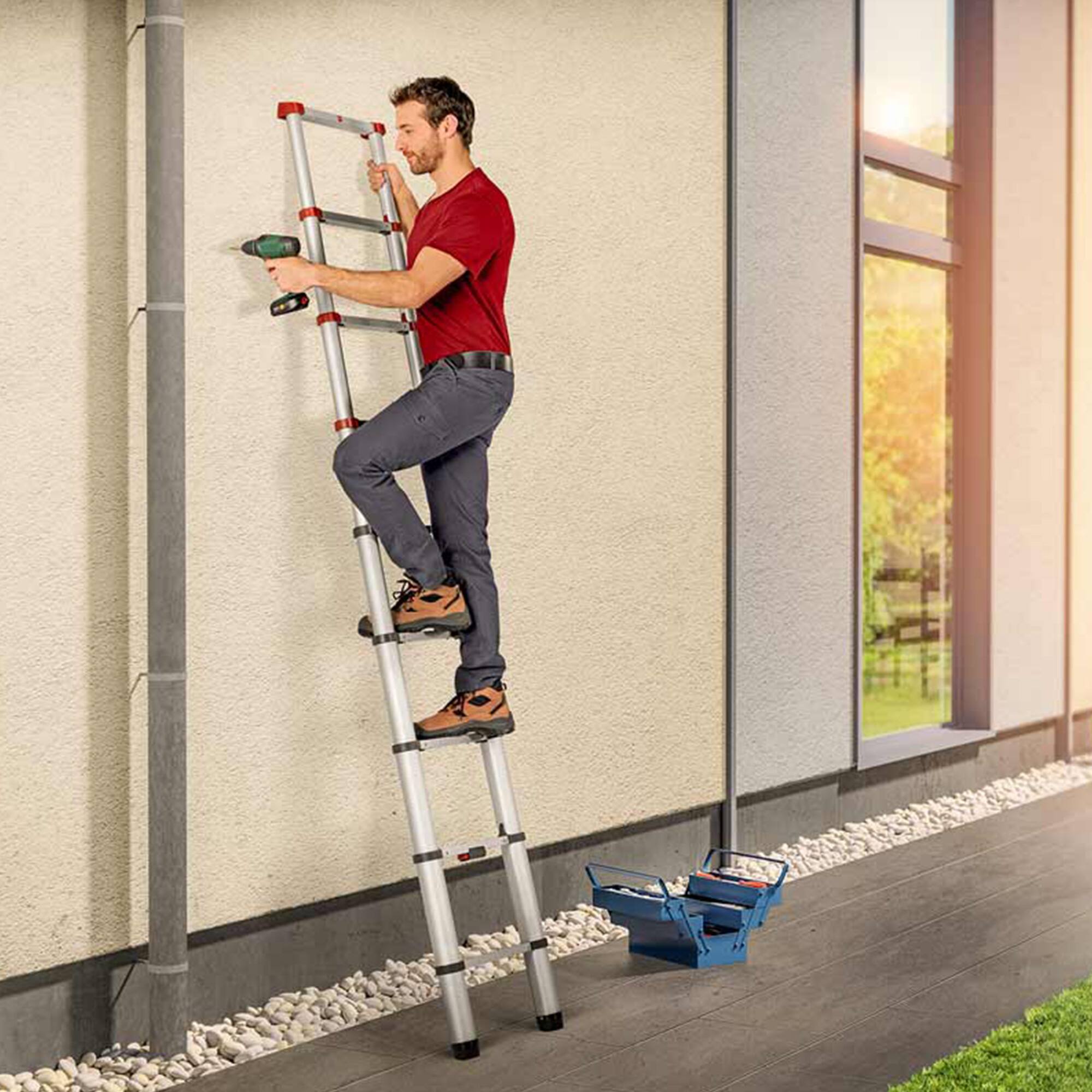 Alt View 6. Hailo - Hailo Height Adjustable Portable Compact Aluminum Telescoping Ladder, Red/Black - Red, Black.
