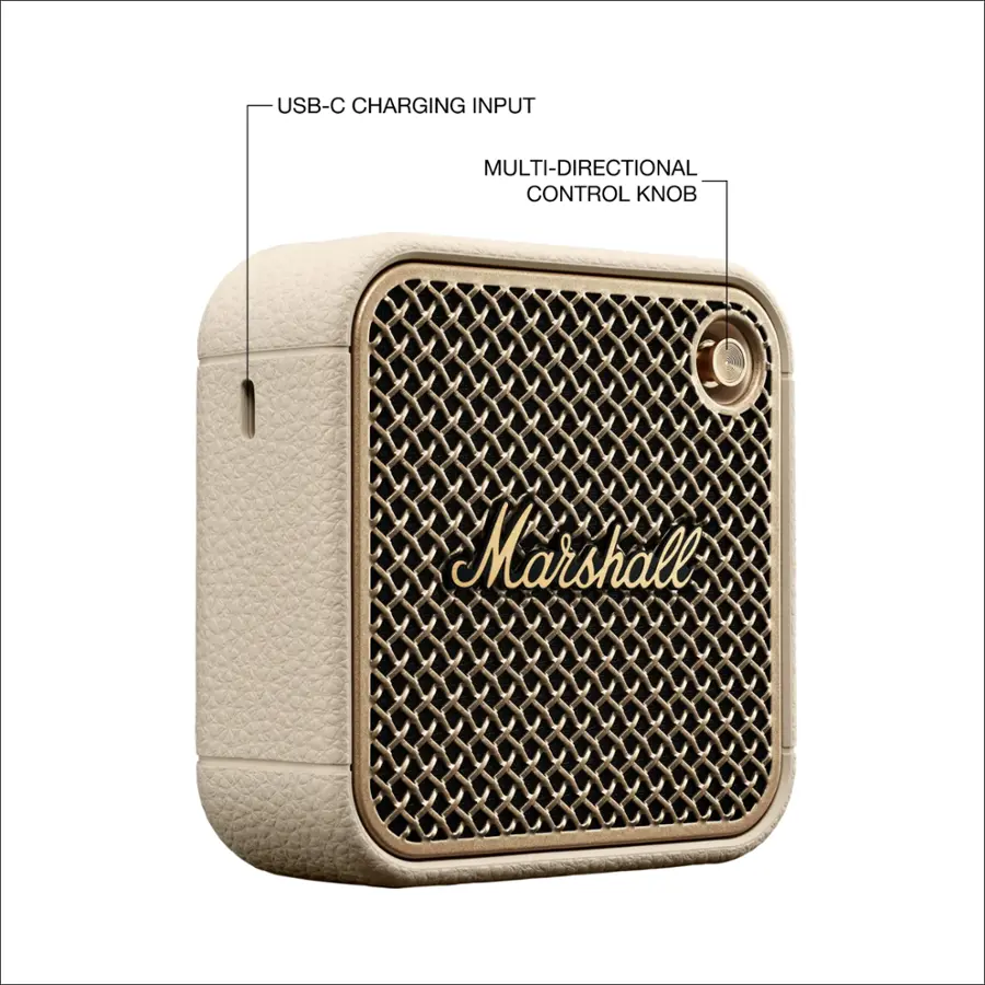 USB-C charging input, multi-directional control knob, Marshall.