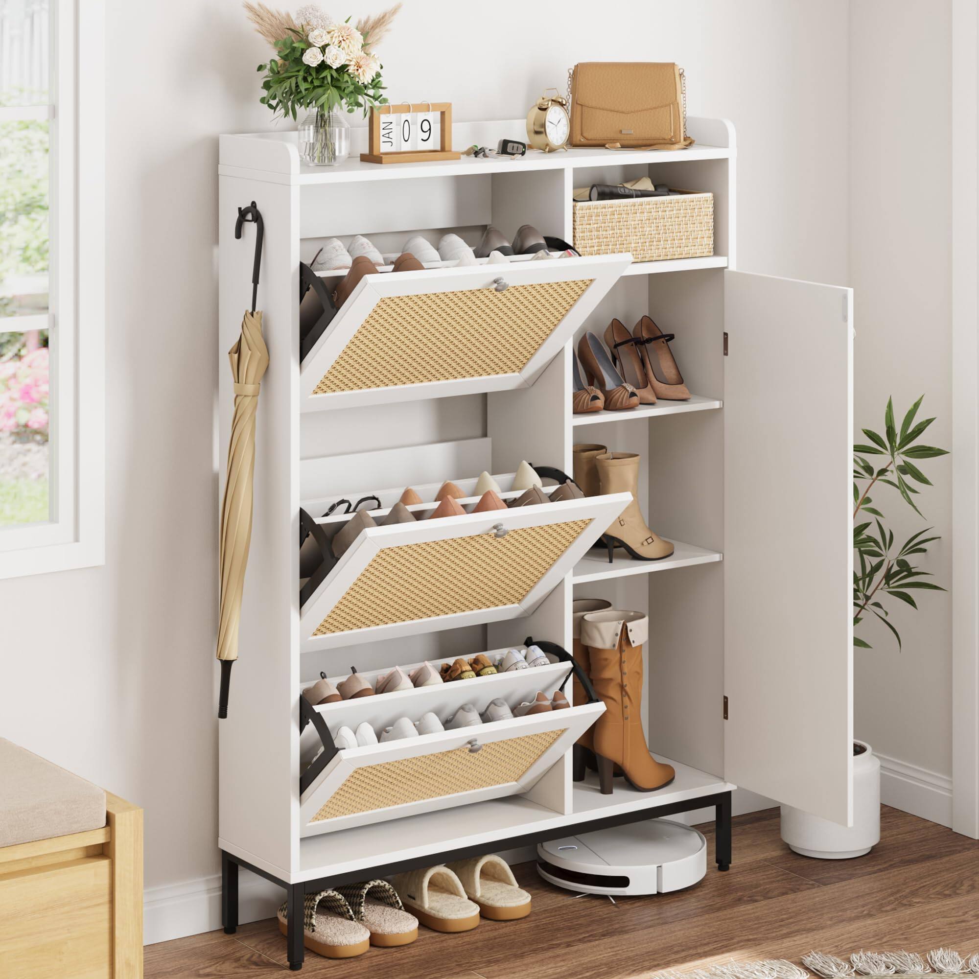 Babevy Rattan Shoe Cabinet: 3 Flip Drawers, Adjustable Shelves & Metal ...