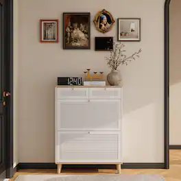 Loheer - narrow shoe cabinet with flip doors, freestanding entryway shoe organizer with drawers, MDF - White Natural