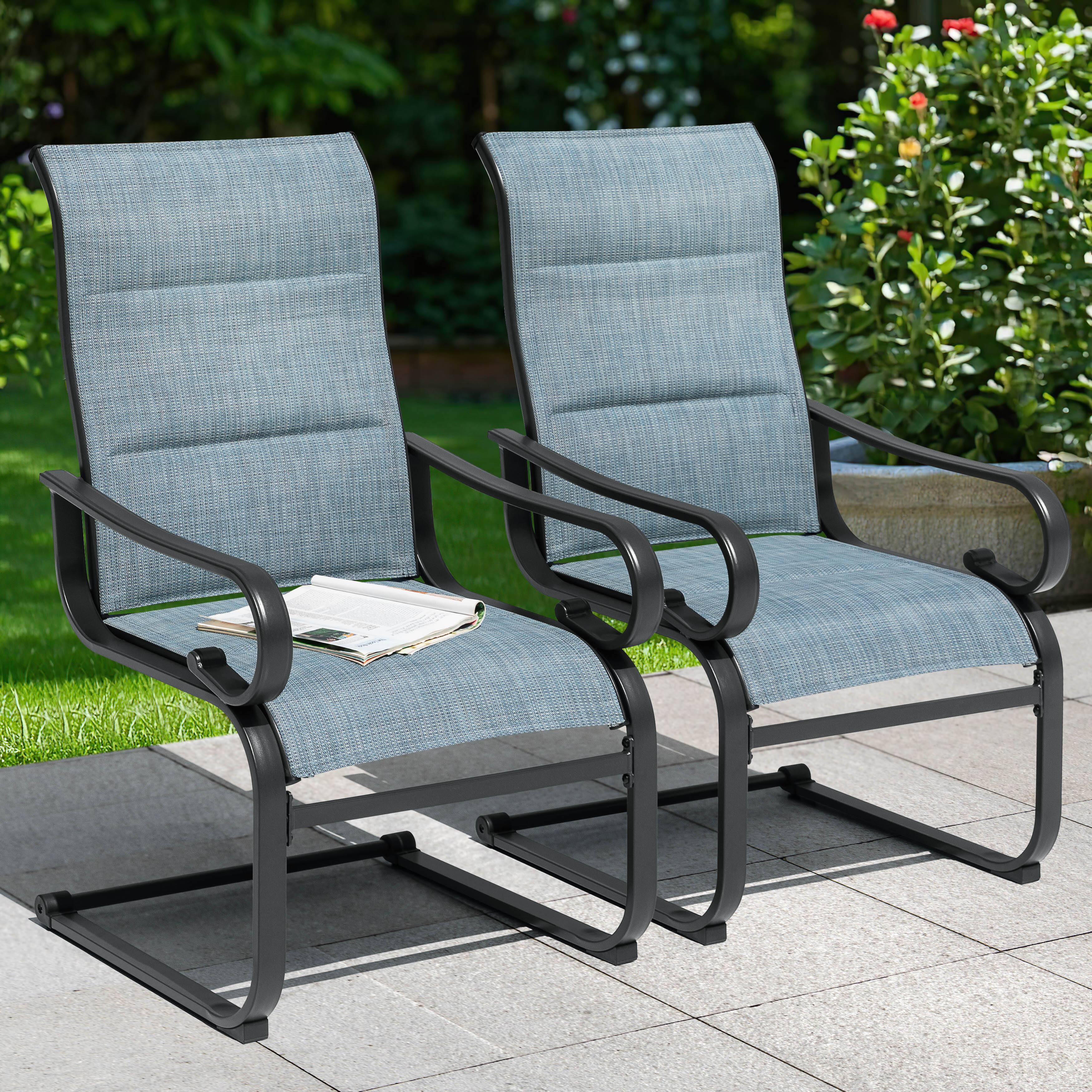 Left. Nuu Garden - Patio Metal Dining Chairs Set of 2, C-Spring Motion and Padded Textilene, High Back & Wide seat - Blue and Black.