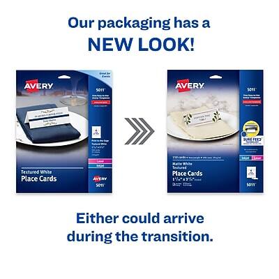 Our packaging has a NEW LOOK!

AVERY 5011 Textured White Place Cards

AVERY 5011 Mathe White Textured Place Cards

Either could arrive during the transition.