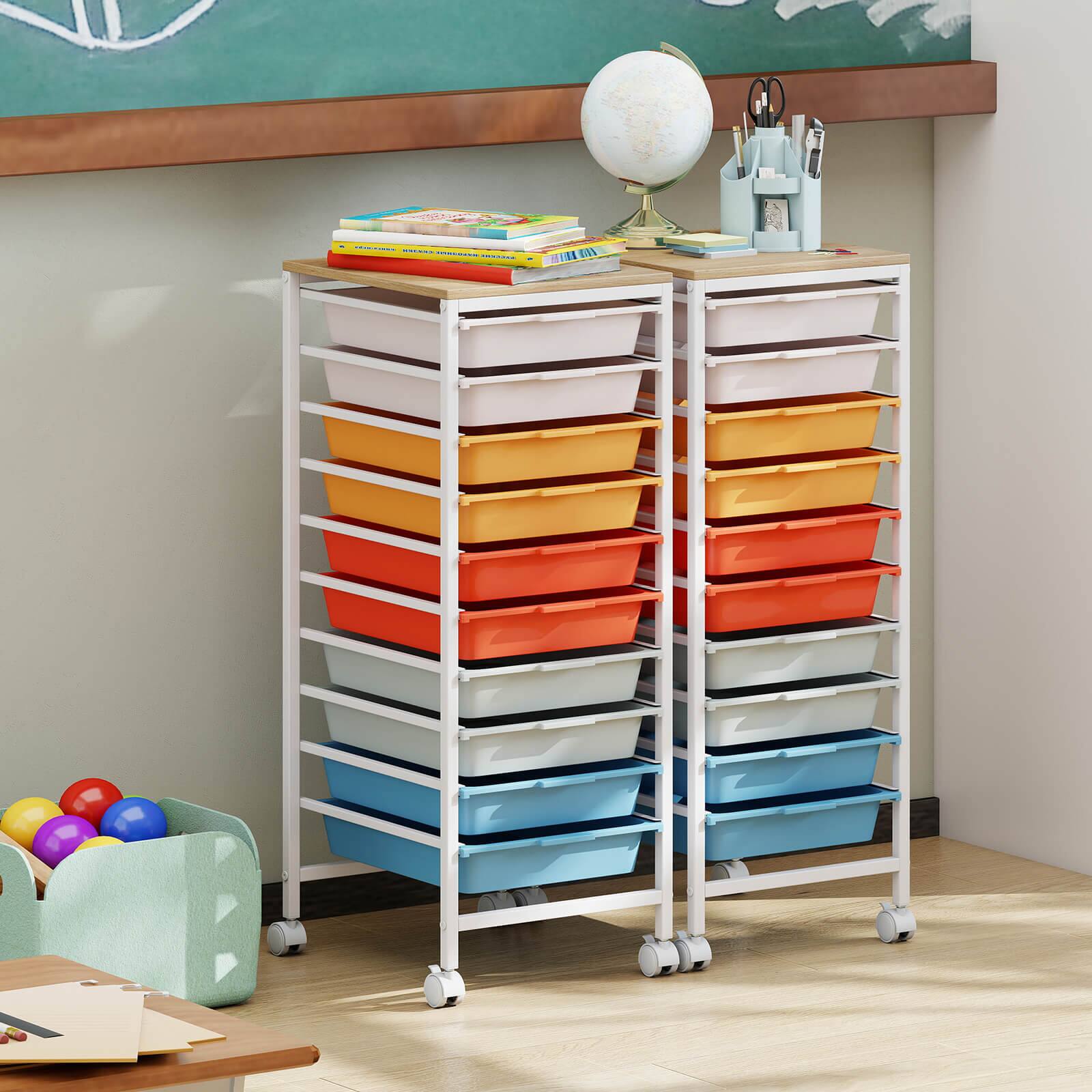Alt View 3. Costway - Costway 10-Drawer Rolling Art & Craft Storage Carts with Wooden Tabletop, Lockable Wheels, Metal Frame - Natural + Macaron.