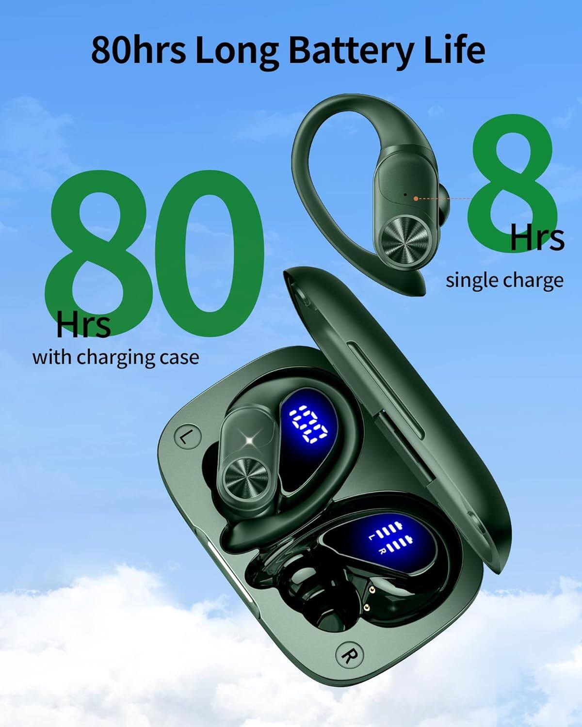 80 Hrs Long Battery Life  
8 Hrs single charge  
80 Hrs with charging case