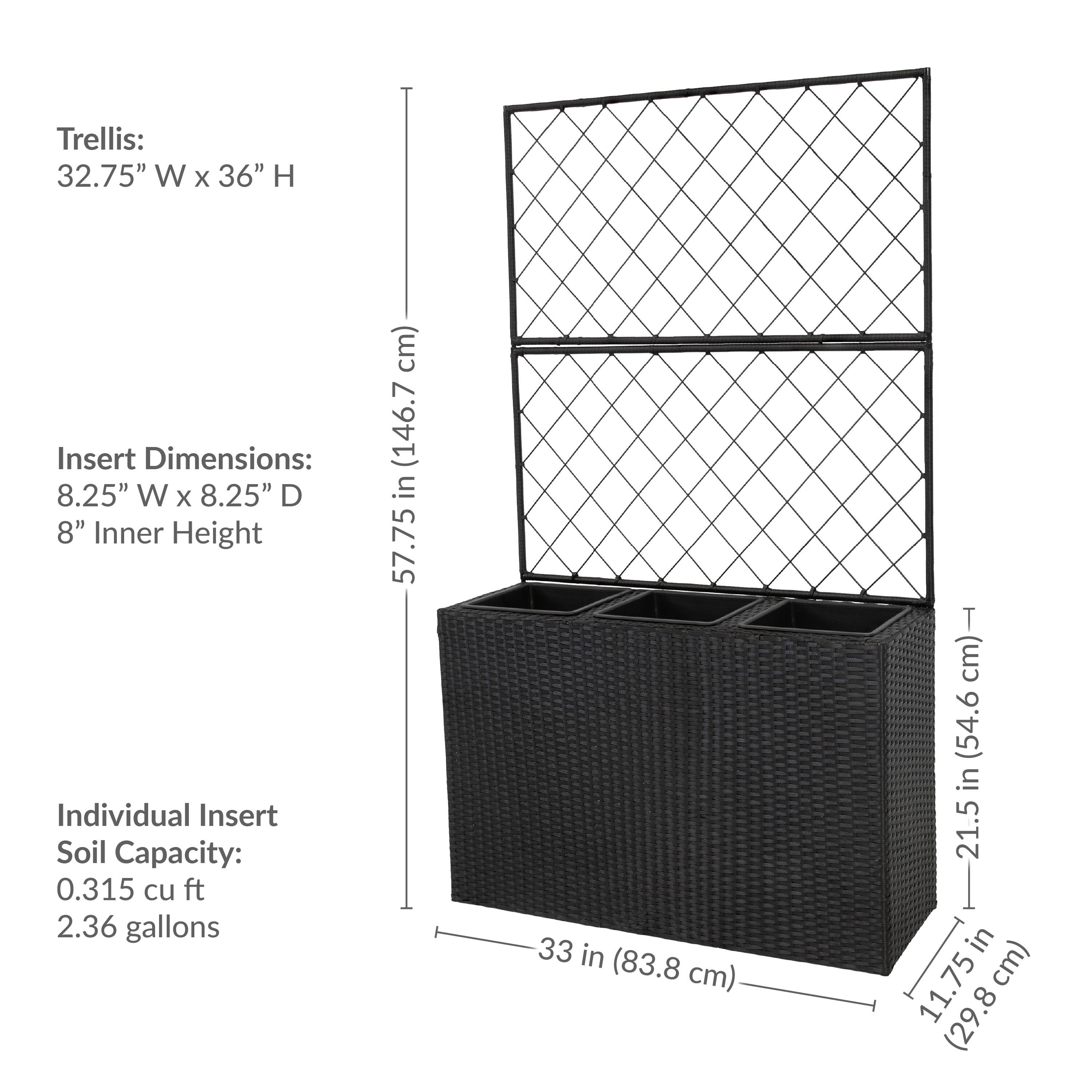 Trellis:  
32.75" W x 36" H (83.8 cm x 91.4 cm)

Insert Dimensions:  
8.25" W x 8.25" D x 8" Inner Height (21.5 cm x 21.5 cm x 20.3 cm)

Individual Insert Soil Capacity:  
0.315 cu ft (2.36 gallons)