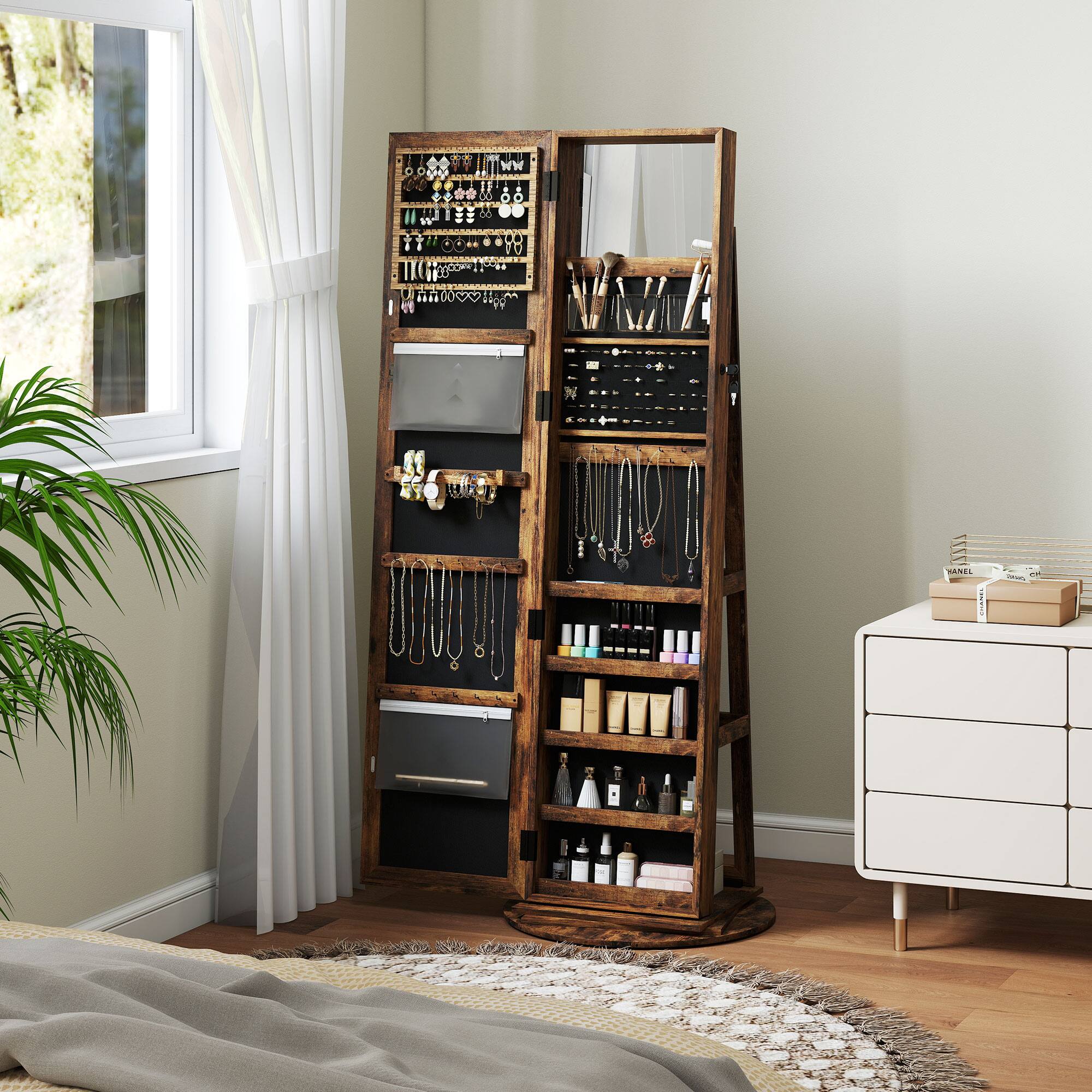 Alt View 7. Homcom - 360° Swivel Jewelry Cabinet: Full Mirror+Back Shelves Armoire - Rustic Brown.