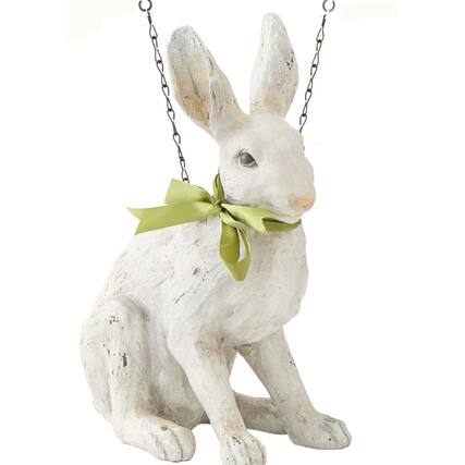 Front. K&K Interiors - K&K Interiors Sitting White Rabbit with Green Ribbon Bow Easter Arrow Replacement Sign 11.5 inch - Arrow Sold Separately - White.