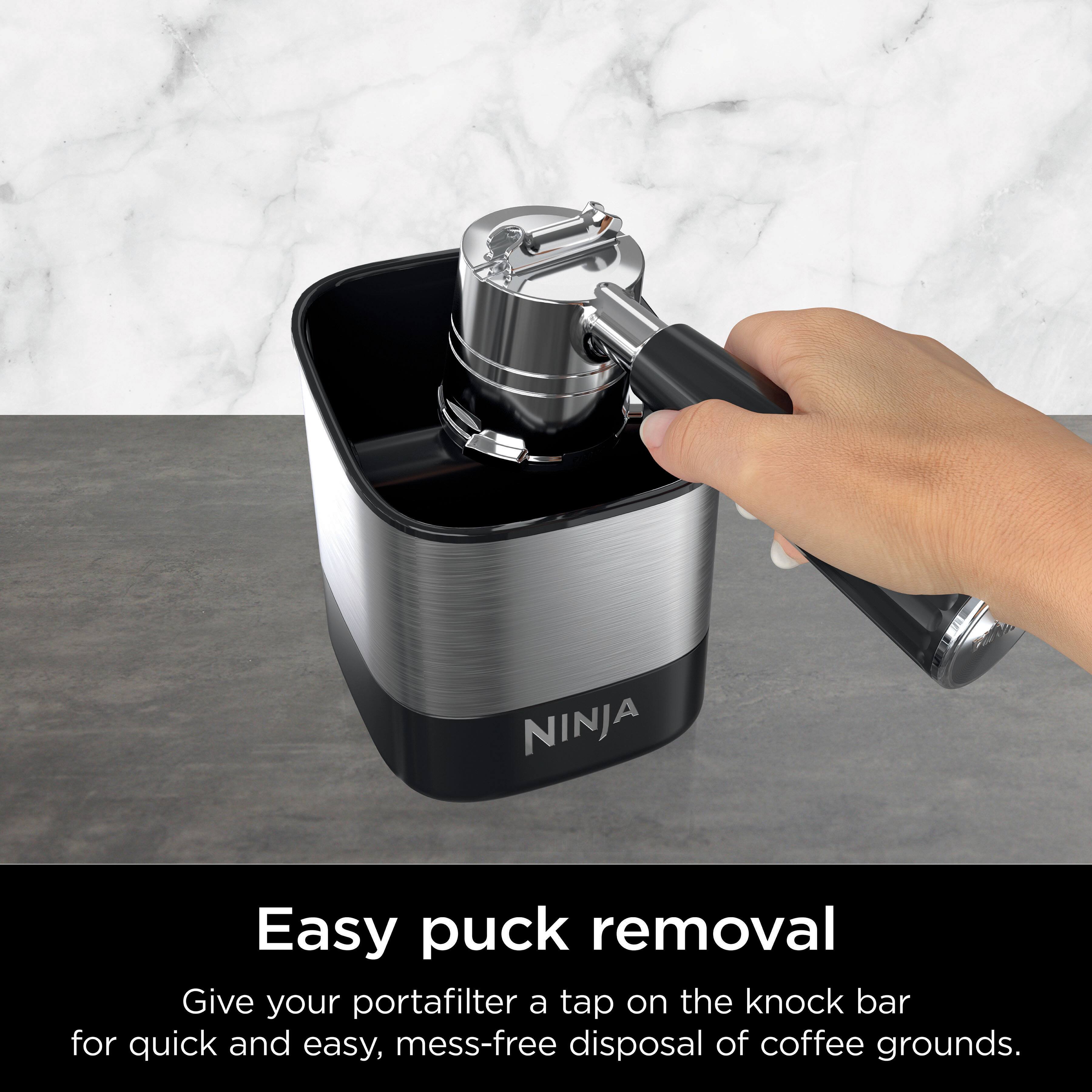 NINJA Easy puck removal Give your portafilter a tap on the knock bar for quick and easy, mess-free disposal of coffee grounds.
