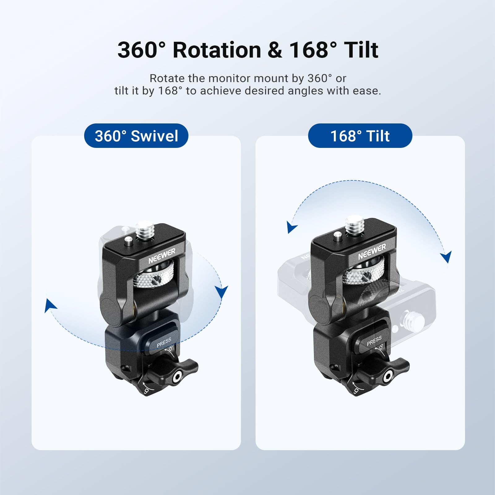 360° Rotation & 168° Tilt

Rotate the monitor mount by 360° or tilt it by 168° to achieve desired angles with ease.

360° Swivel

168° Tilt