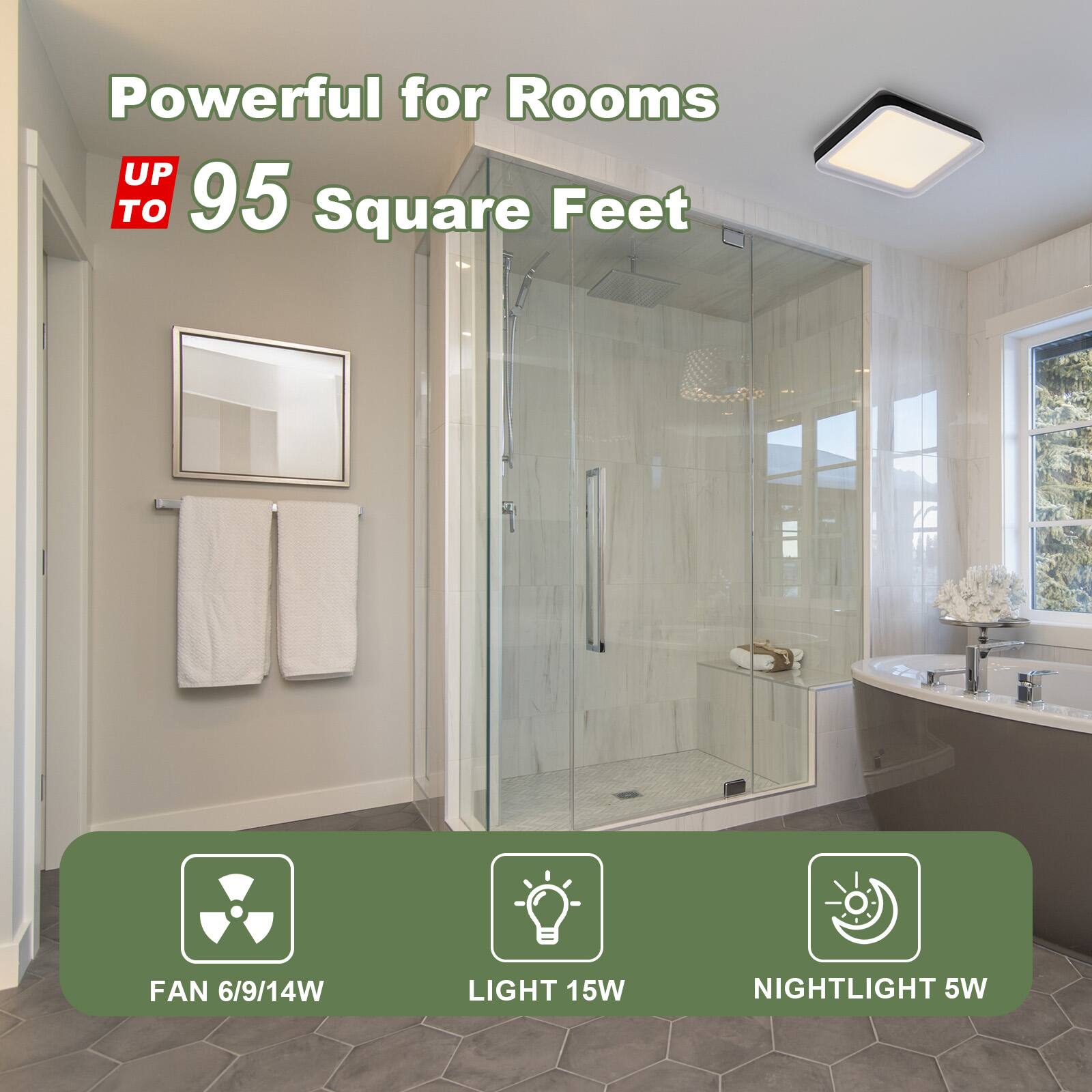 Powerful for Rooms UP TO 95 Square Feet

FAN 6/9/14W  
LIGHT 15W  
NIGHTLIGHT 5W