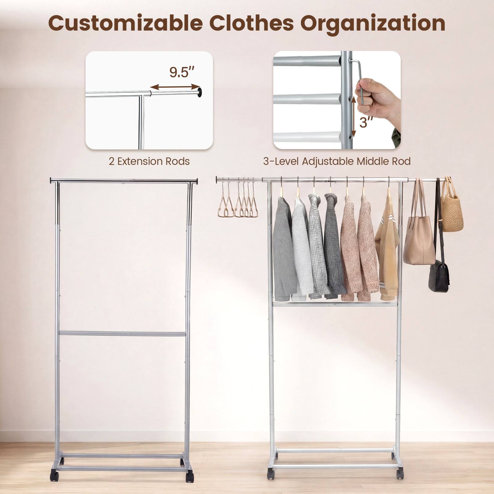 Customizable Clothes Organization

- 2 Extension Rods
- 9.5" 
- 3-Level Adjustable Middle Rod
- 3"
