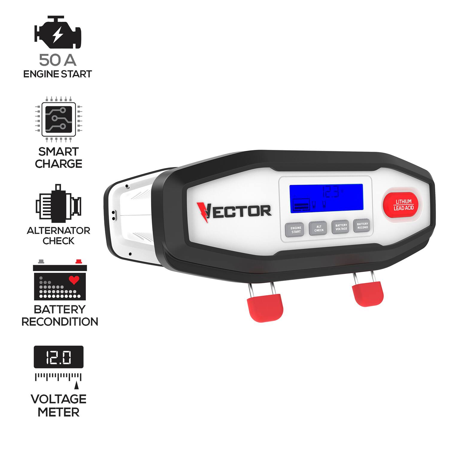 50 A  
ENGINE START  
SMART CHARGE  
ALTERNATOR CHECK  
BATTERY RECONDITION  
12.0 VOLTAGE METER