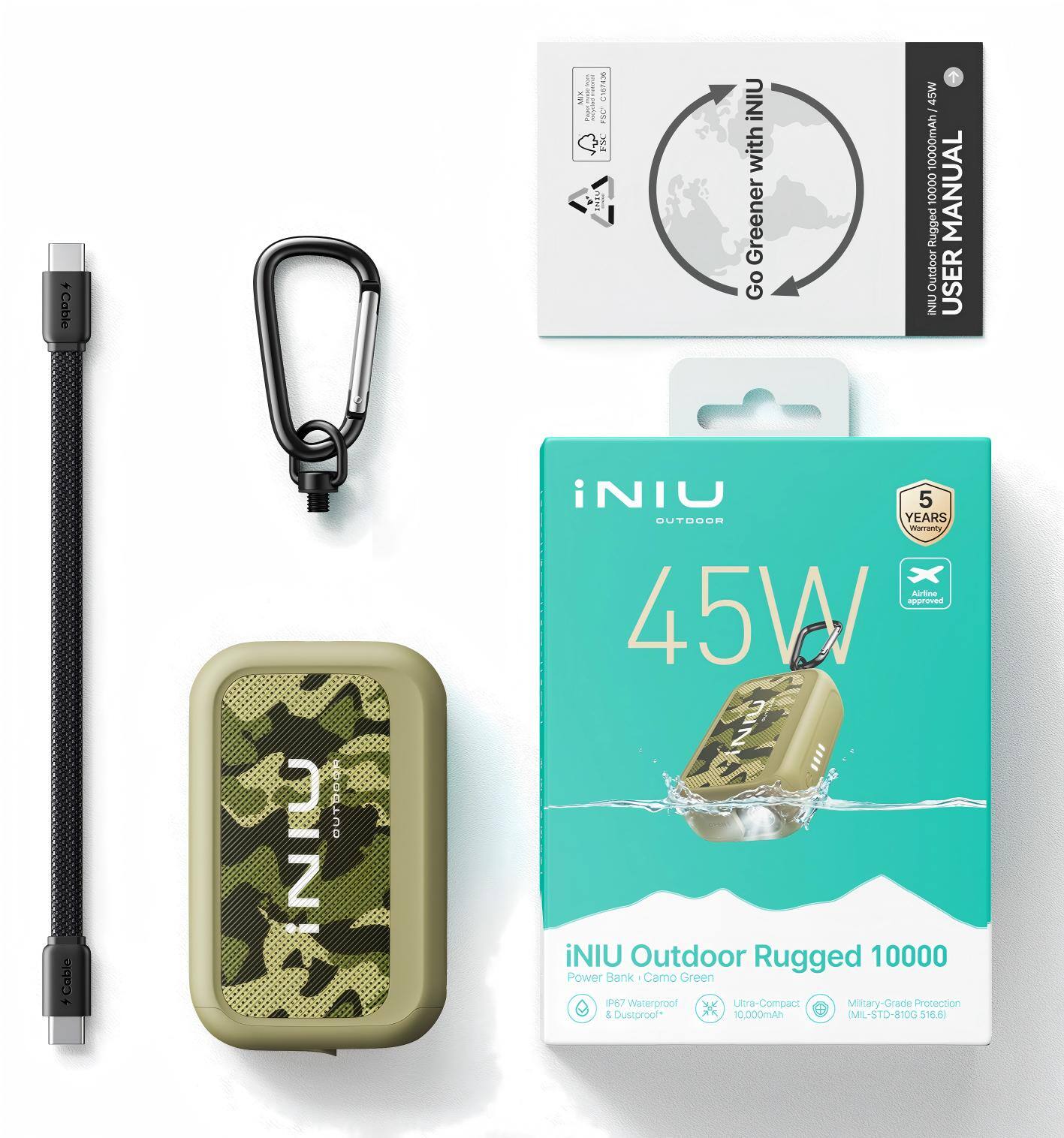 + Cable Cable
C  Z
MIX  C107430 iNIU 45W / FBC FSC with 10000mAh inin Greener 10000 Outdoor Rugged MANUAL Go INIU USER iNIU 5 OUTDOOR YEARS Warranty Airline approved 45W NIU Outdoor Rugged 10000 Power Bank Camo Green PET Waterproof XX Ultra-Compact Military-Grade Protection & Dustproof* AS 10,000mAh MIL -STD-810G 516.6