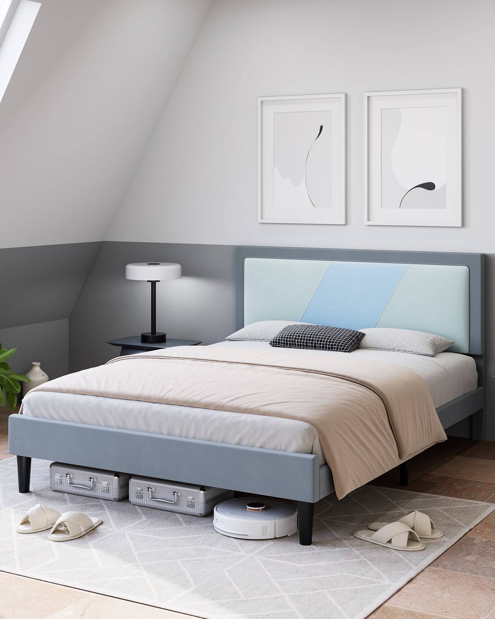 Angle. GARVEE - Full Triple Panel Platform Bed Frame MDF Beige Finish No Box Spring Easy Assembly Bedroom Furniture - Beige.