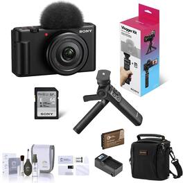 Bundle - Sony - ZV-1F Vlogging Camera, Black, with GP-VPT3 Shooting Grip, Shoulder Bag, Extra Battery, Charger, Screen