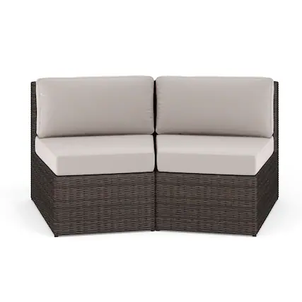 Front. Martha Stewart - Bedford 2PK Outdoor Modular Rattan Wicker Patio Curved Sectional Sofa Seats - Tan Cushions/Brown Frame.