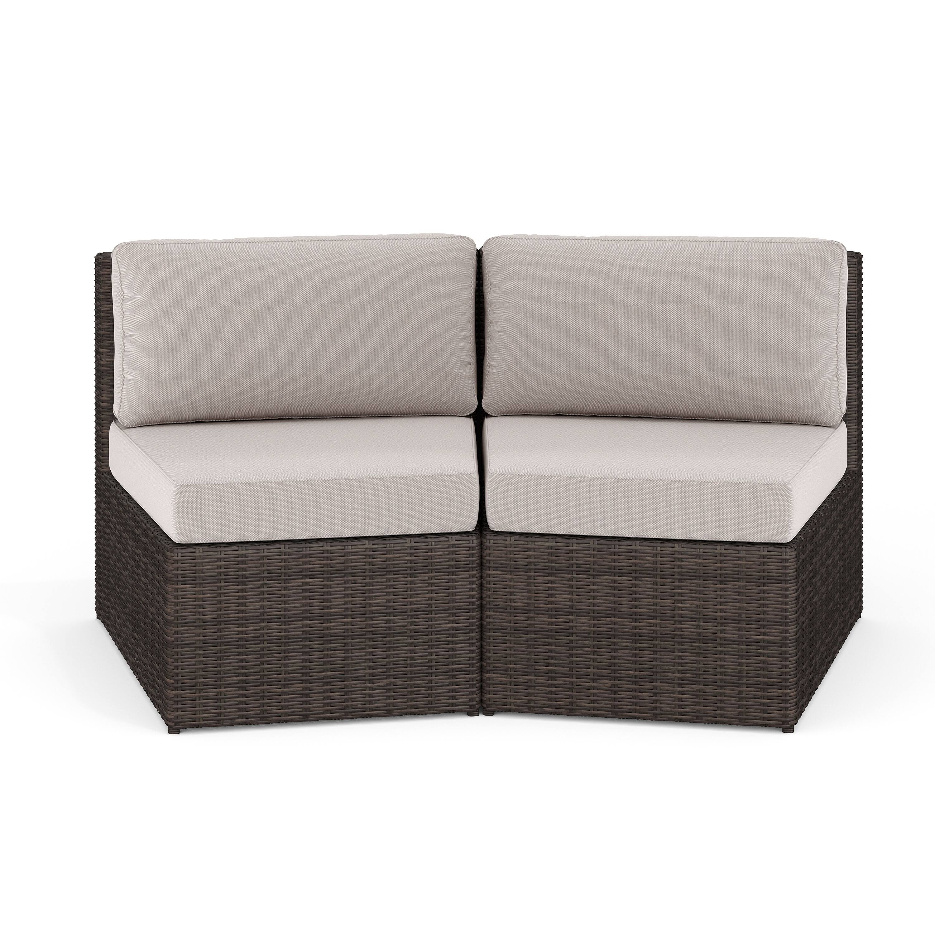 Front. Martha Stewart - Bedford 2PK Outdoor Modular Rattan Wicker Patio Curved Sectional Sofa Seats - Tan Cushions/Brown Frame.