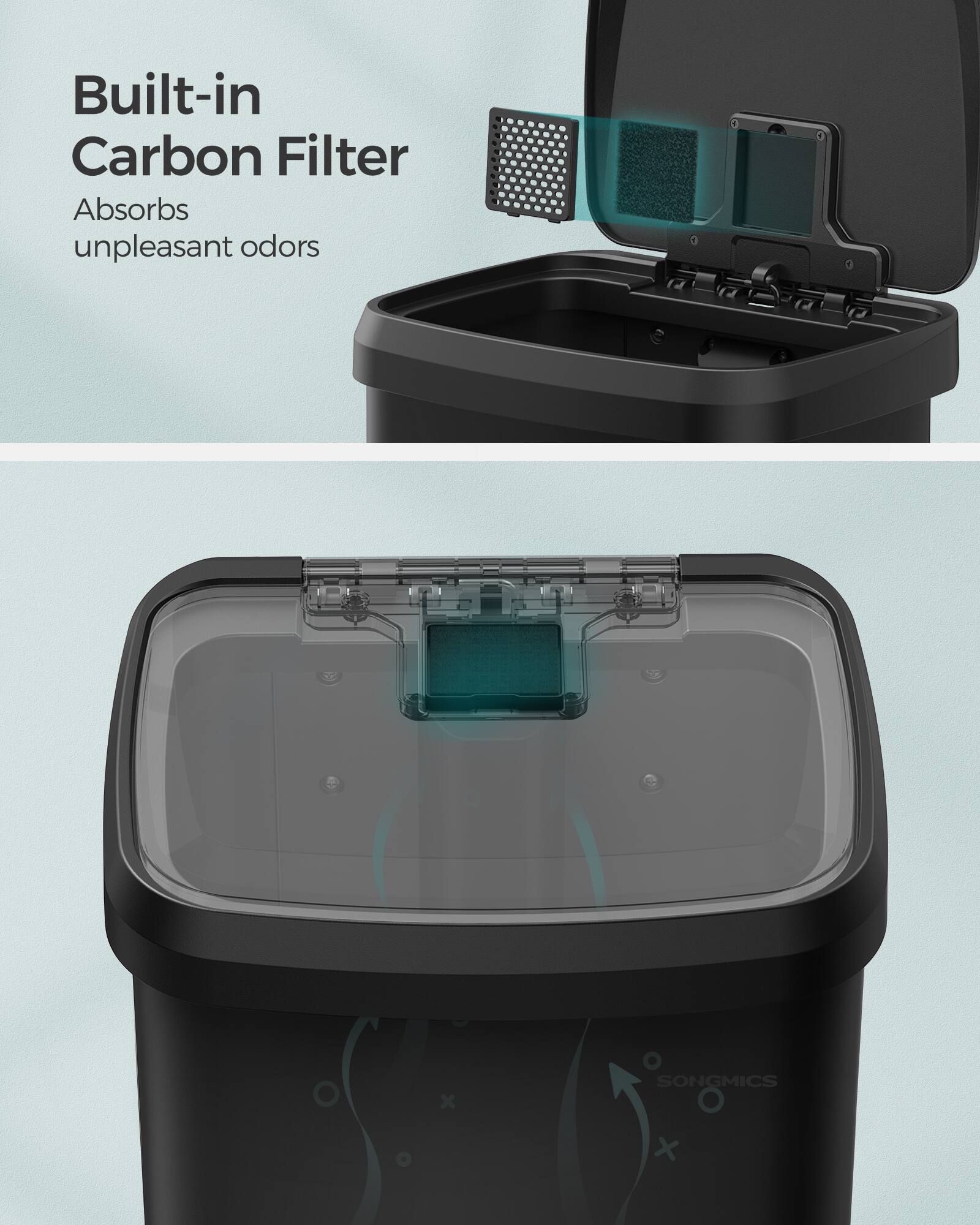 Built-in Carbon Filter  
Absorbs unpleasant odors