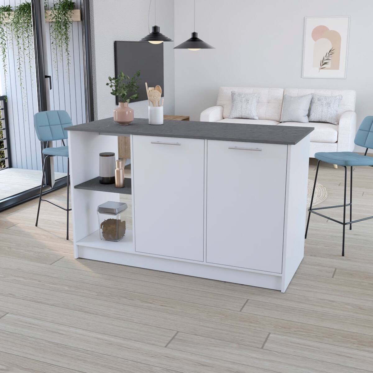 Left. Loheer - Loheer White Onyx Kitchen Island with Open Shelves 59 Inch Countertop - White / Onyx.