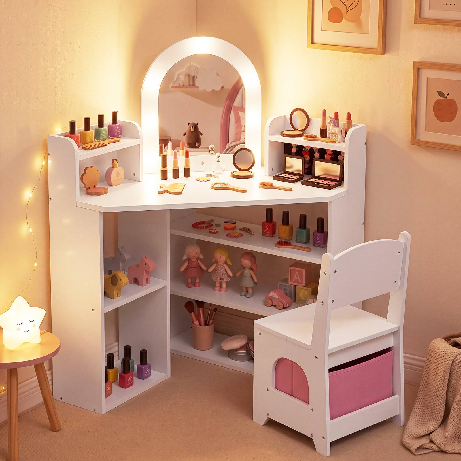 Alt View 4. Costway - Costway Corner Kids Vanity with Lights, 3 Storage Shelves, 5 Open Compartments, Accessories - White.