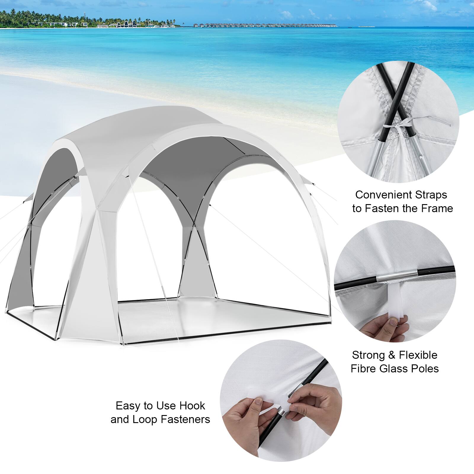 The image features a white tent with a blue sky in the background. The tent is shown in different stages of being set up, including the frame, the poles, and the hook and loop fasteners. The text on the image provides information about the tent's features, such as the convenient straps to fasten the frame, the strong and flexible fibre glass poles, and the easy-to-use hook and loop fasteners.